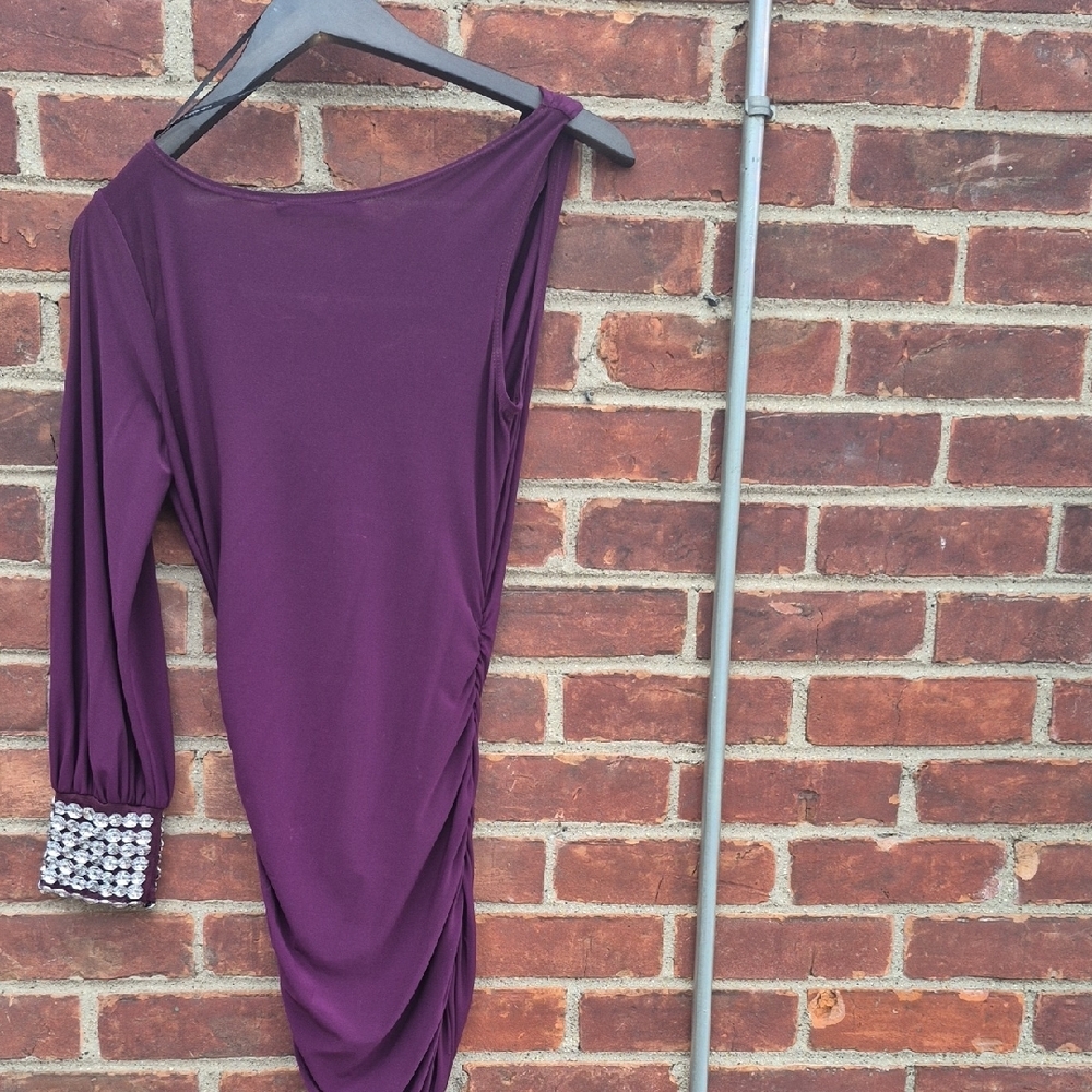 Symphony Purple One Shoulder Dress With Rhinestones. - Picture 2 of 6